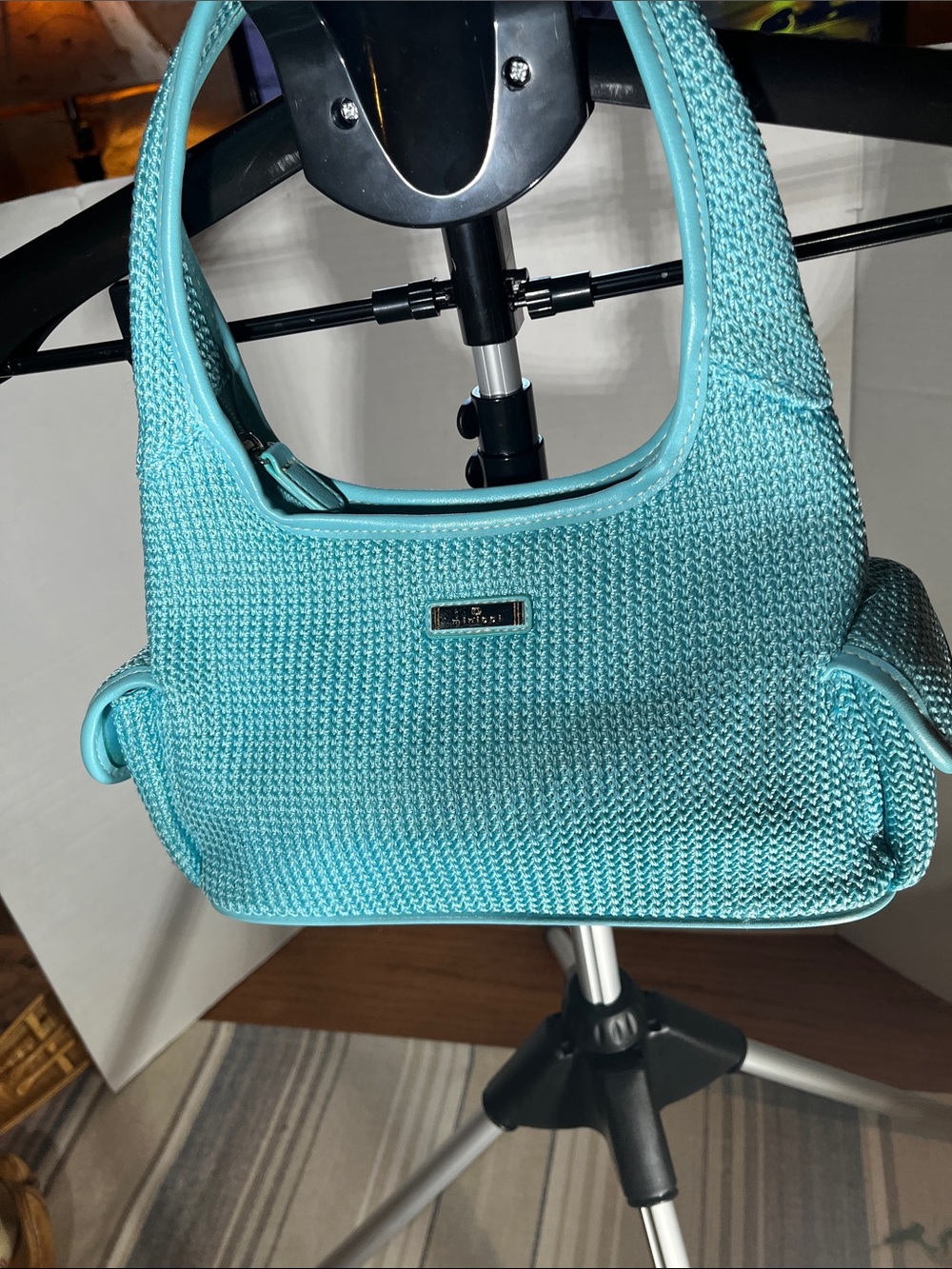 Minicci Turquoise Woven Shoulder Bag with Smooth Trim
